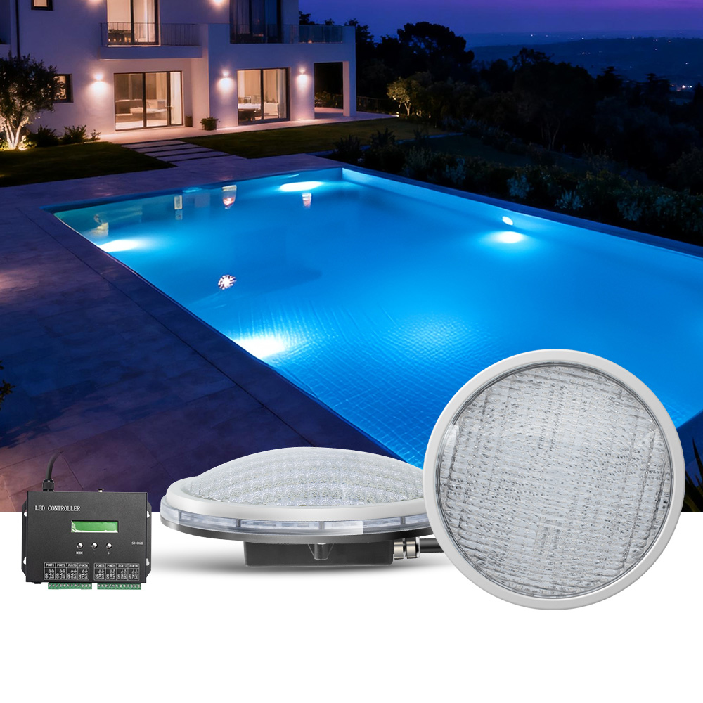 LED TRADING Poolbeleuchtung RGB-W PAR56 Standard Schwimmbadbeleuchtung Ersatz für 300W 12V Einbau für Trafo optional per App oder Smartphone (5polig DMX 30W